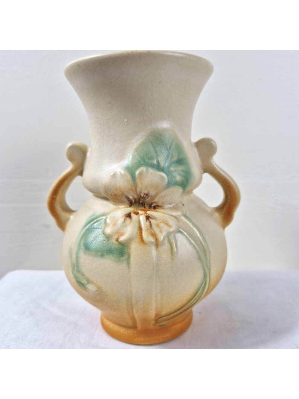 Vintage Weller Pottery Dogwood Wild Rose Double Handle Art Pottery Vase 6.5"